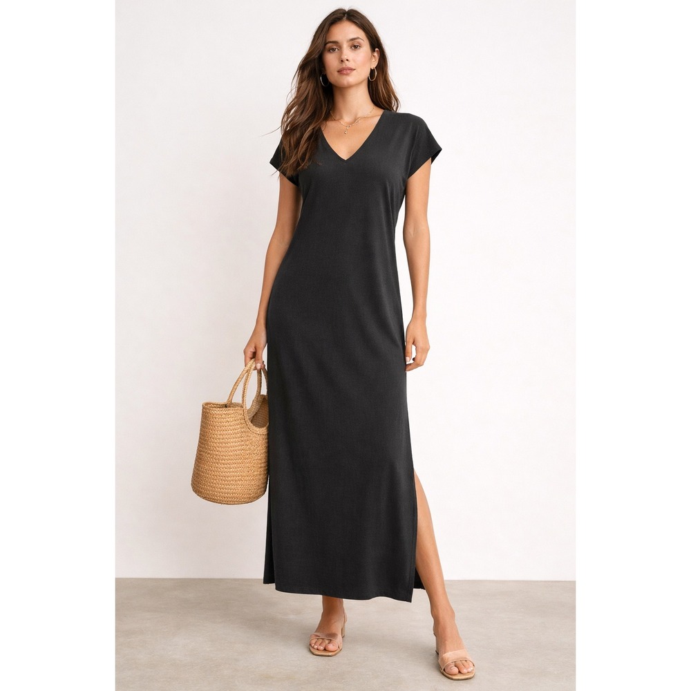 Zara Womens Charcoal Gray Cotton V-Neck Cap Sleeve Maxi Dress Side Slits Neutral